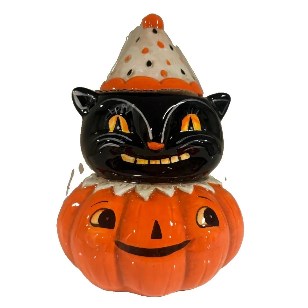 Johanna Parker Halloween Vintage Style Black Cat Pumpkin Ceramic Canister Hat